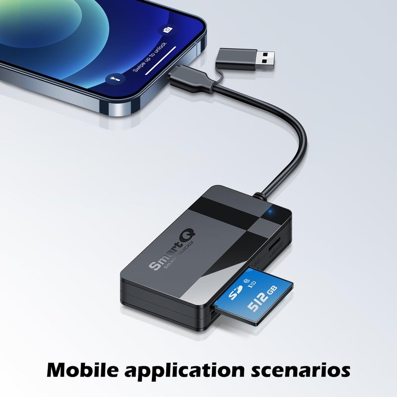 SmartQ SD Card Reader, Memory Card Reader 4 in 1 USB C USB 3.0 Dual Connector Adapter Simultaneously Read SD MS CF TF Cards Supports Micro SD/Micro. Compatible with desktops, Tablets, and USB-C Smartphones - Image 5